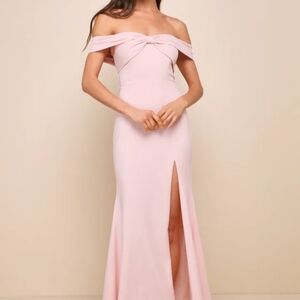 Elegant Perception Light Pink Off-the-Shoulder Bow Maxi Dress